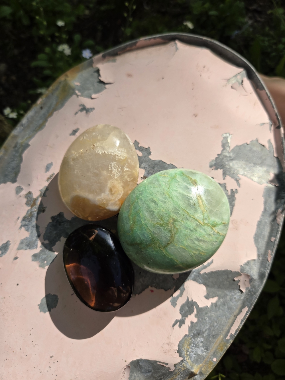Palm Stones Trio - LARGE Green Moonstone, Flower Agate & Smokey Quartz.